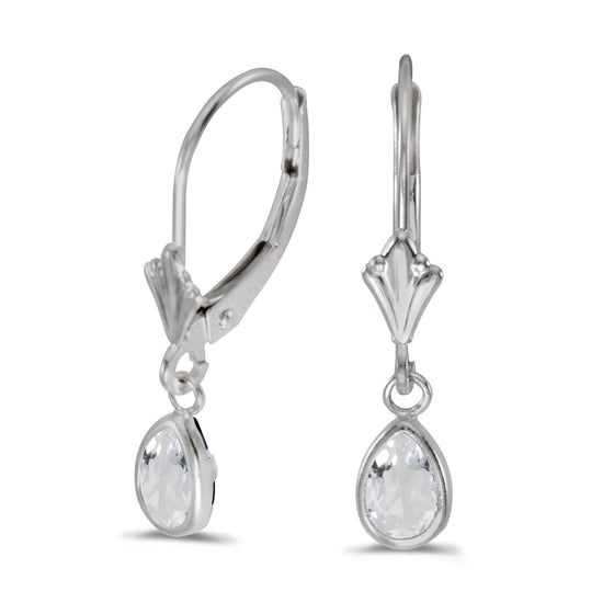 14k White Gold Pear White Topaz Bezel Lever-back Earrings