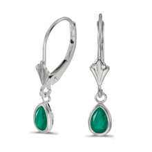  14k White Gold Pear Emerald Bezel Lever-back Earrings