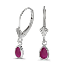  14k White Gold Pear Ruby Bezel Lever-back Earrings