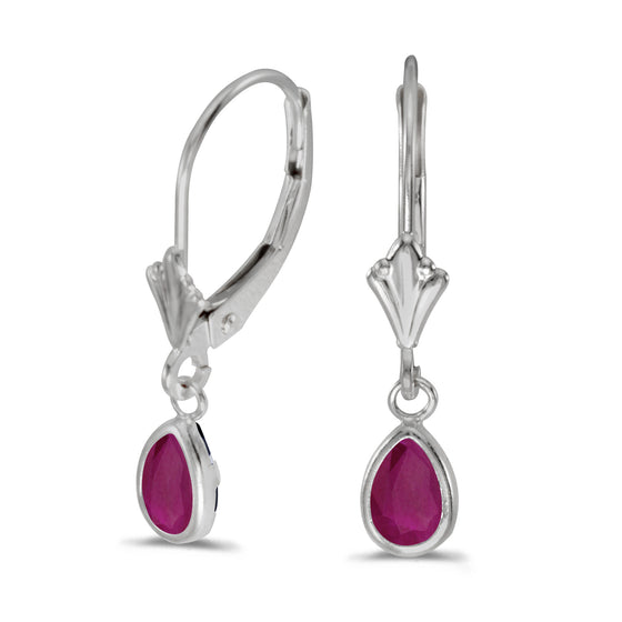 14k White Gold Pear Ruby Bezel Lever-back Earrings