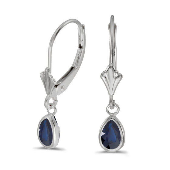 14k White Gold Pear Sapphire Bezel Lever-back Earrings