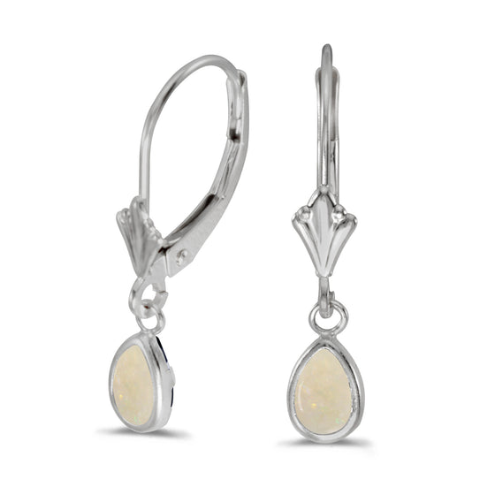 14k White Gold Pear Opal Bezel Lever-back Earrings