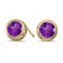  14k Yellow Gold Round Amethyst Bezel Stud Earrings