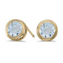  14k Yellow Gold Round Aquamarine Bezel Stud Earrings