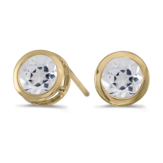 14k Yellow Gold Round White Topaz Bezel Stud Earrings