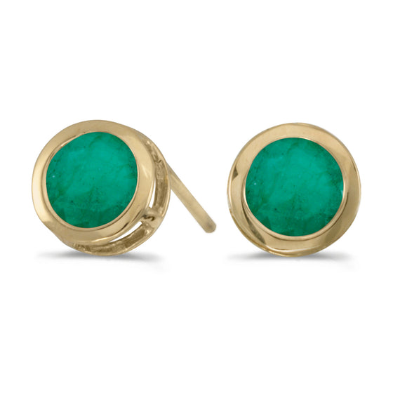 14k Yellow Gold Round Emerald Bezel Stud Earrings