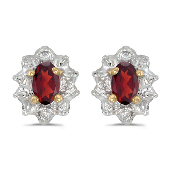 10k Yellow Gold Oval Garnet And Diamond Earrings