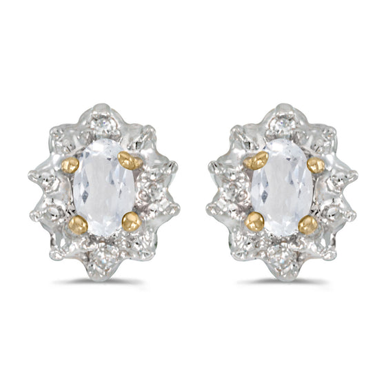 10k Yellow Gold Oval White Topaz And Diamond Earrings