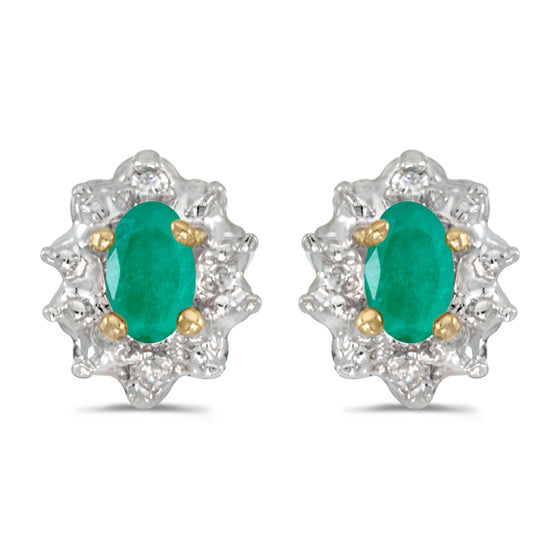 10k Yellow Gold Oval Emerald And Diamond Earrings