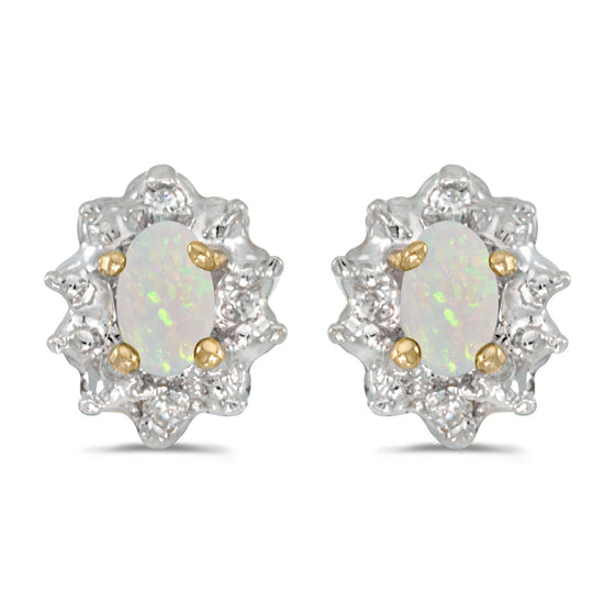 10k Yellow Gold Oval Opal And Diamond Earrings