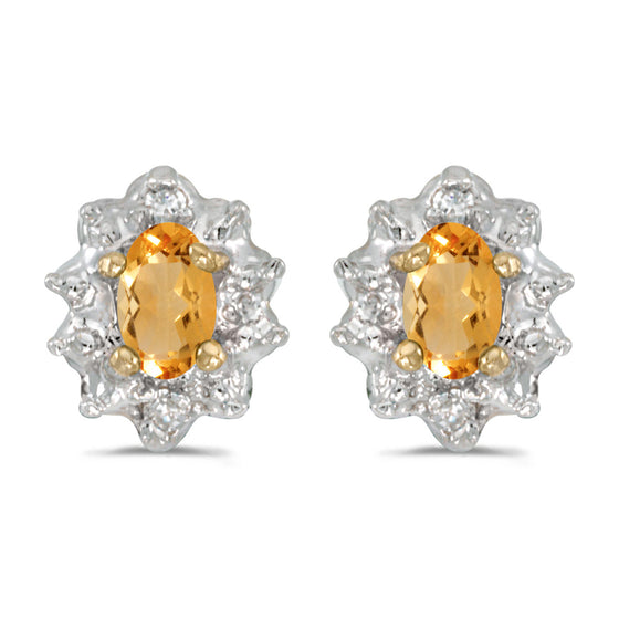 10k Yellow Gold Oval Citrine And Diamond Earrings