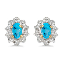  10k Yellow Gold Oval Blue Topaz And Diamond Earrings