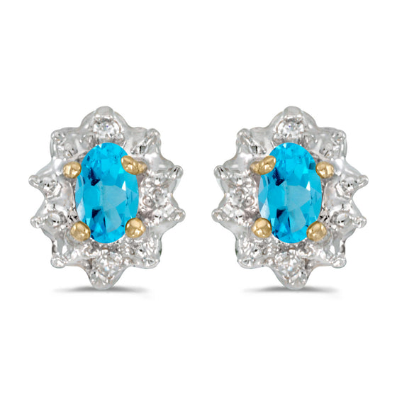 10k Yellow Gold Oval Blue Topaz And Diamond Earrings
