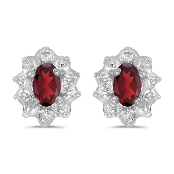10k White Gold Oval Garnet And Diamond Earrings