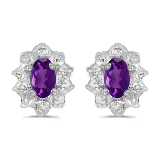 10k White Gold Oval Amethyst And Diamond Earrings