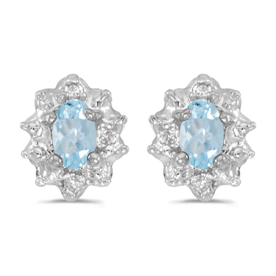 10k White Gold Oval Aquamarine And Diamond Earrings