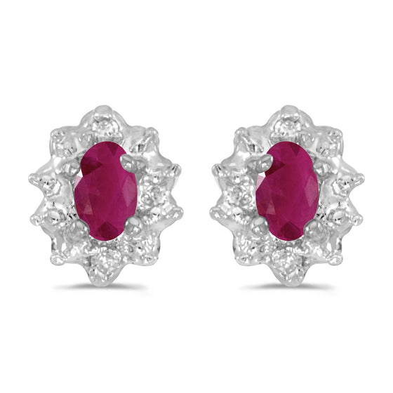10k White Gold Oval Ruby And Diamond Earrings
