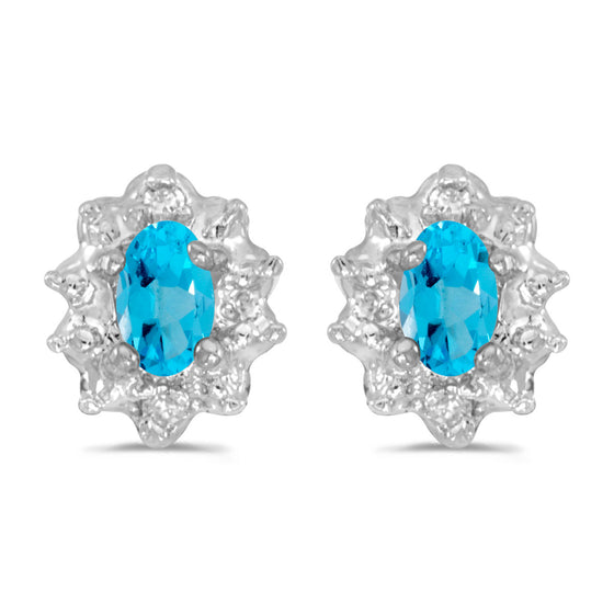 10k White Gold Oval Blue Topaz And Diamond Earrings