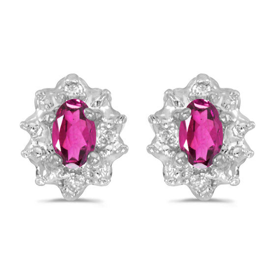 10k White Gold Oval Pink Topaz And Diamond Earrings