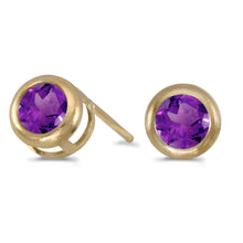  14k Yellow Gold Round Amethyst Bezel Stud Earrings