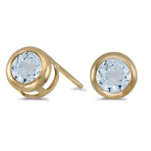  14k Yellow Gold Round Aquamarine Bezel Stud Earrings