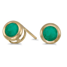  14k Yellow Gold Round Emerald Bezel Stud Earrings