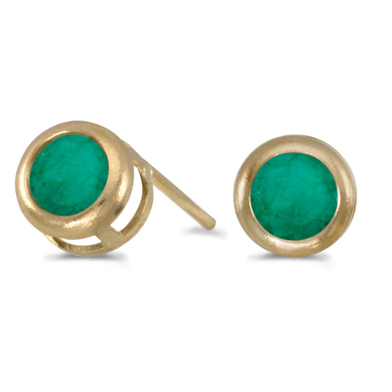 14k Yellow Gold Round Emerald Bezel Stud Earrings