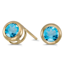  14k Yellow Gold Round Blue Topaz Bezel Stud Earrings
