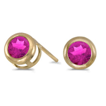  14k Yellow Gold Round Pink Tourmaline Bezel Stud Earrings