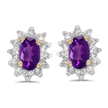  14k Yellow Gold Oval Amethyst And Diamond Earrings