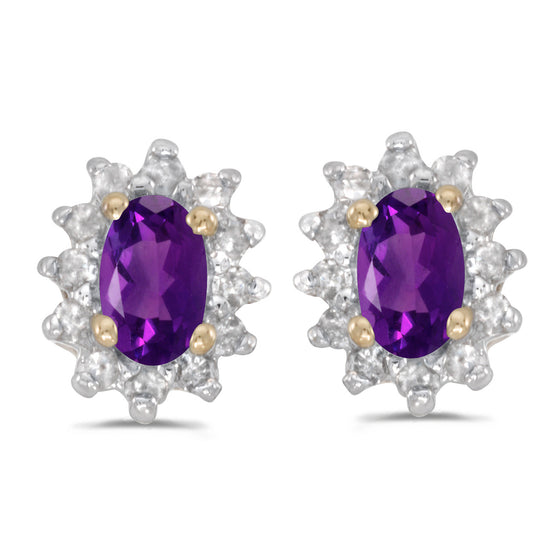 14k Yellow Gold Oval Amethyst And Diamond Earrings