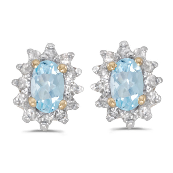 14k Yellow Gold Oval Aquamarine And Diamond Earrings