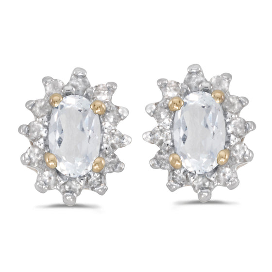 14k Yellow Gold Oval White Topaz And Diamond Earrings
