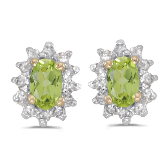 14k Yellow Gold Oval Peridot And Diamond Earrings