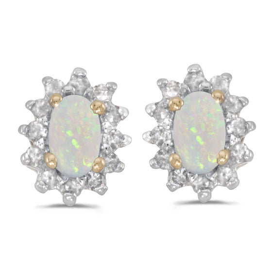 14k Yellow Gold Oval Opal And Diamond Earrings
