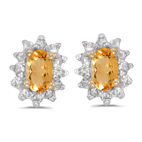 14k Yellow Gold Oval Citrine And Diamond Earrings