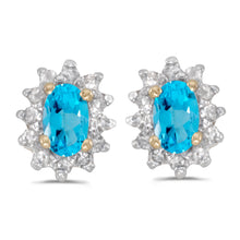  14k Yellow Gold Oval Blue Topaz And Diamond Earrings
