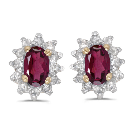 14k Yellow Gold Oval Rhodolite Garnet And Diamond Earrings
