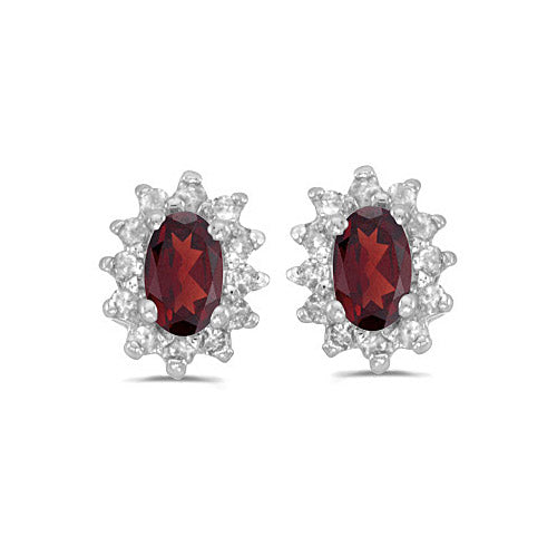 14k White Gold Oval Garnet And Diamond Earrings