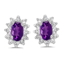  14k White Gold Oval Amethyst And Diamond Earrings