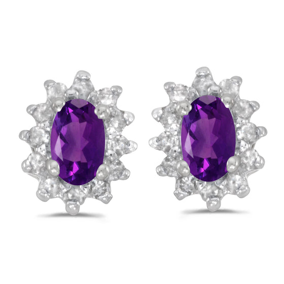 14k White Gold Oval Amethyst And Diamond Earrings