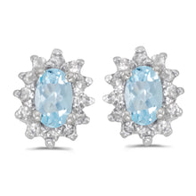  14k White Gold Oval Aquamarine And Diamond Earrings
