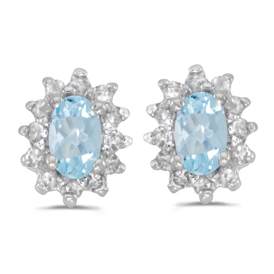 14k White Gold Oval Aquamarine And Diamond Earrings