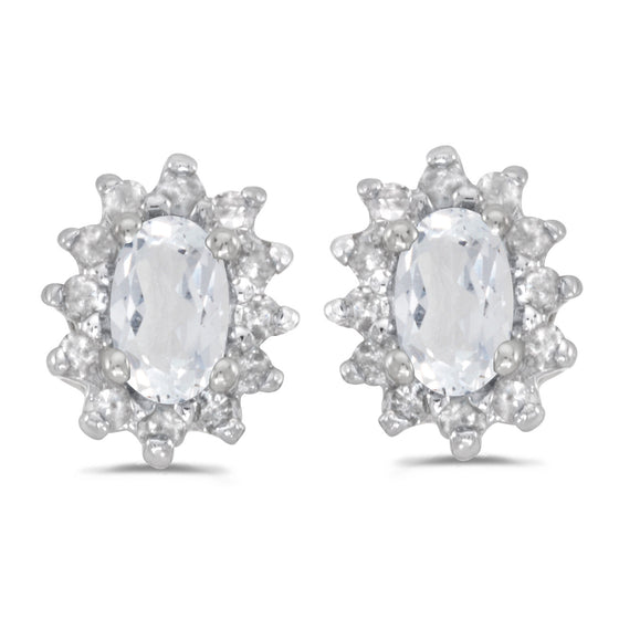 14k White Gold Oval White Topaz And Diamond Earrings