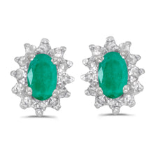  14k White Gold Oval Emerald And Diamond Earrings