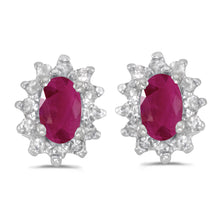  14k White Gold Oval Ruby And Diamond Earrings