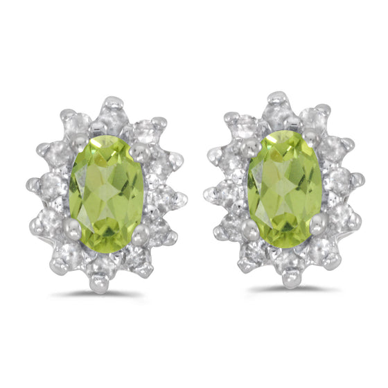 14k White Gold Oval Peridot And Diamond Earrings