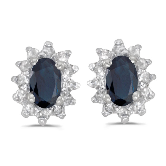 14k White Gold Oval Sapphire And Diamond Earrings