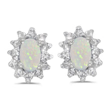  14k White Gold Oval Opal And Diamond Earrings