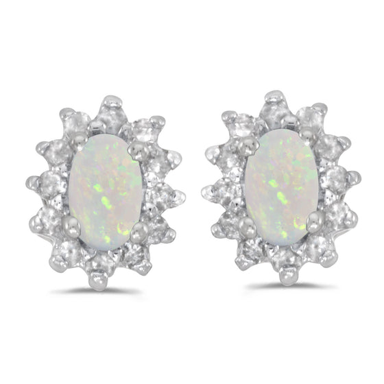 14k White Gold Oval Opal And Diamond Earrings